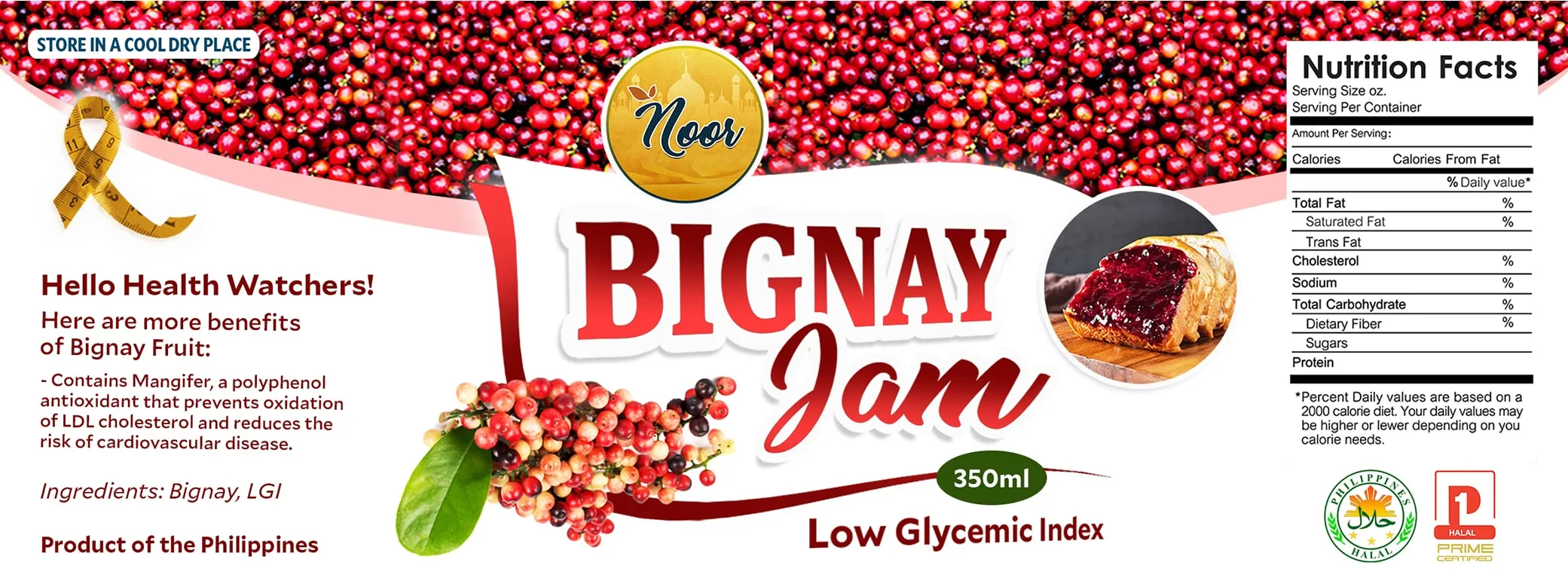 Wrap-around Noor label for Bignay Jam with Low Glycemic Index, with bignay berries, a nutrition facts panel and the ingredients.