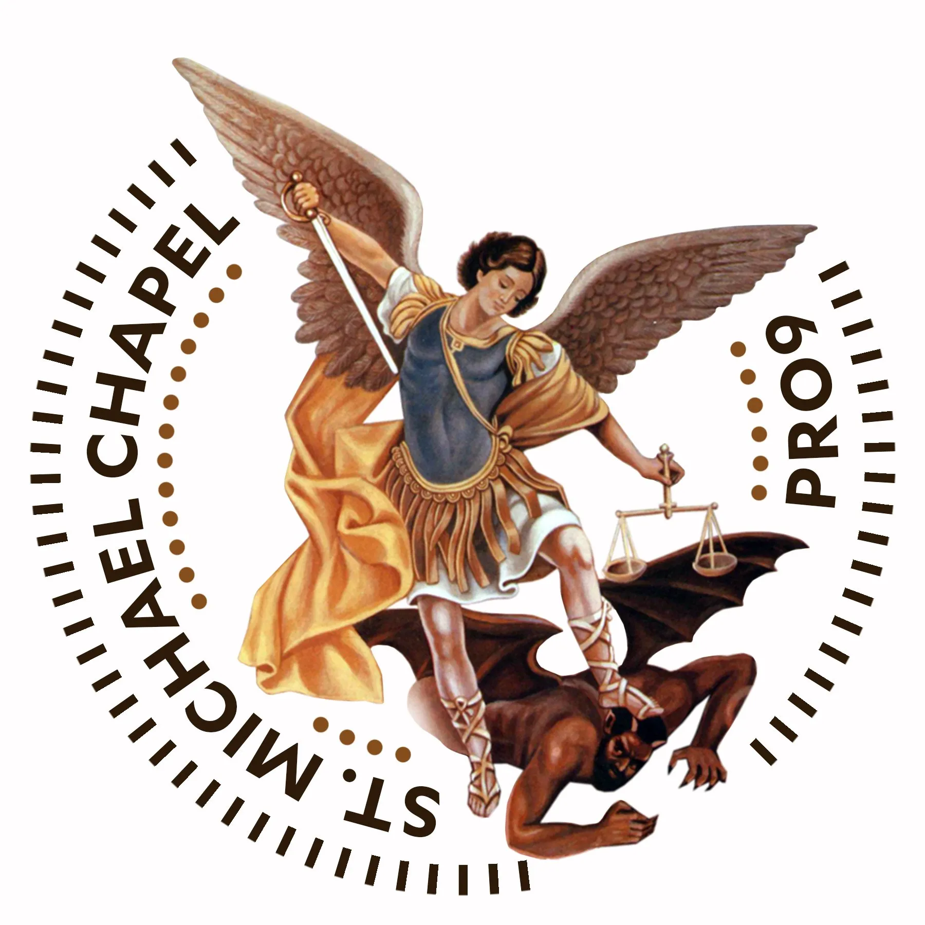 St. Michael Chapel seal: an illustration of St. Michael the Archangel defeating the devil, ringed by the chapel's name.