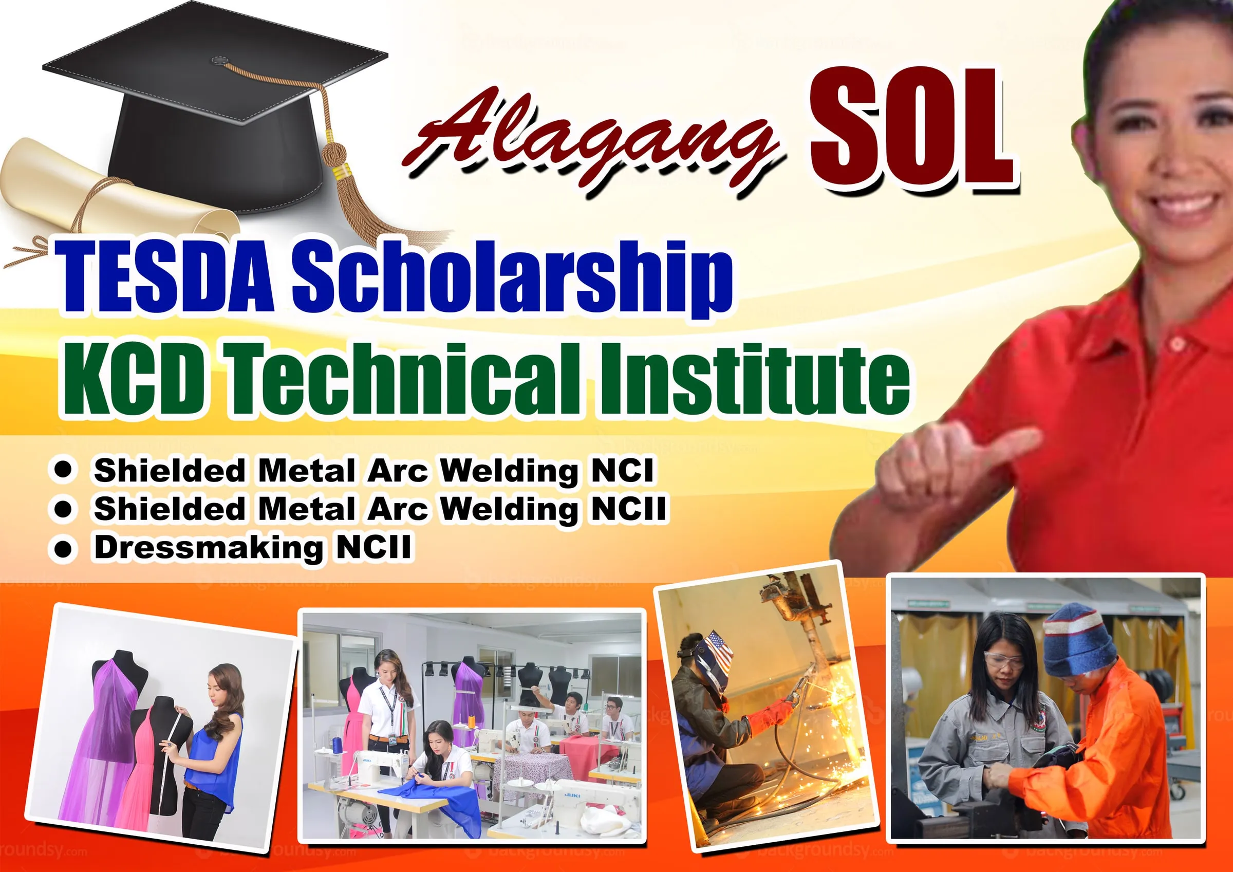 Banner for TESDA scholarships at KCD Technical Institute in welding and dressmaking, with photos of students at work.