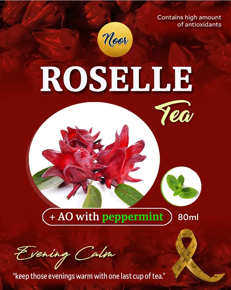 Front of the Noor Roselle Tea label: deep red background with roselle flowers and the line "Evening Calm".