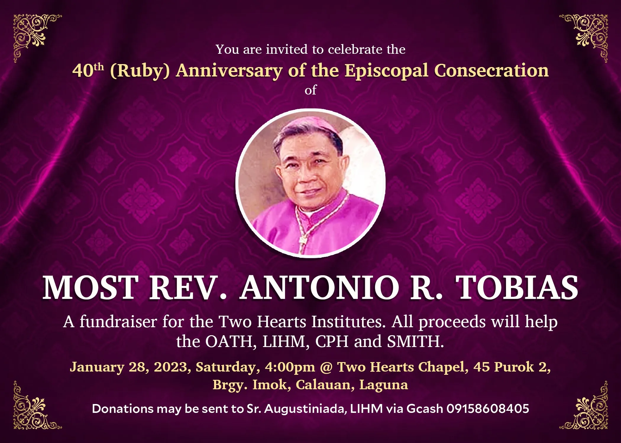 Purple invitation to the 40th anniversary of the episcopal consecration of Most Rev. Antonio R. Tobias, with a round portrait.
