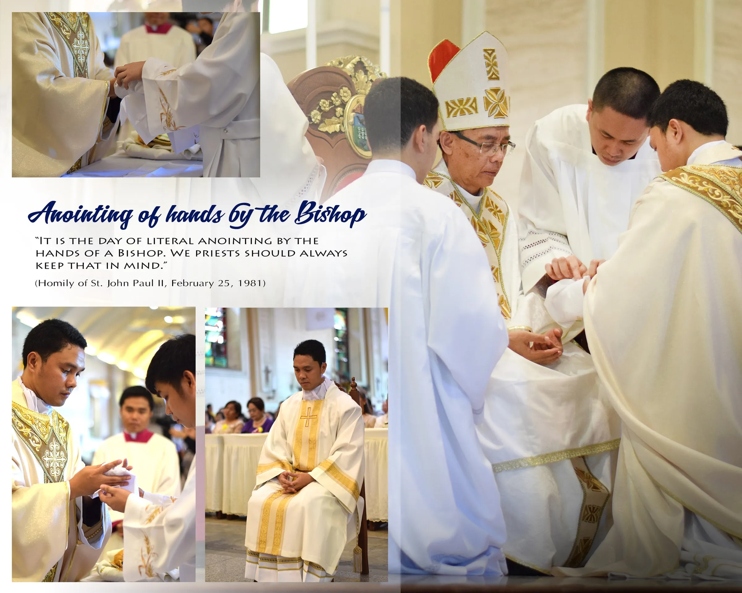 Album spread "Anointing of Hands by the Bishop", with photos of the bishop anointing the new priests' hands.
