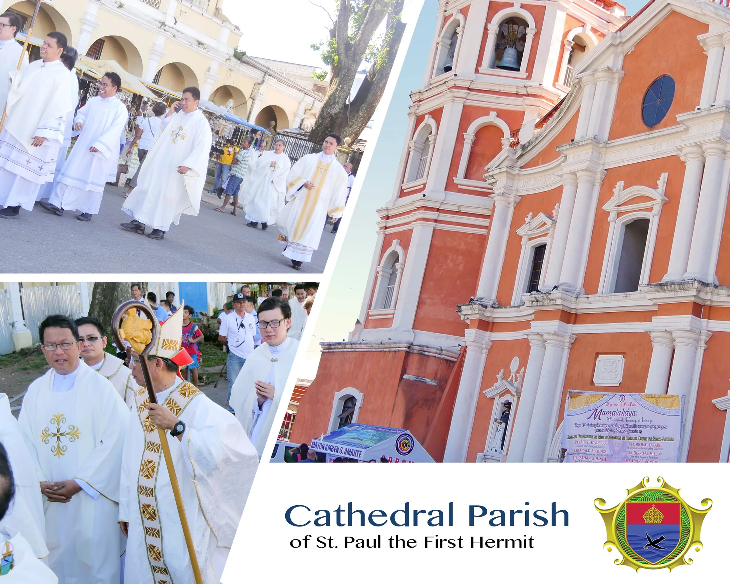 Album spread of the Cathedral Parish of St. Paul the First Hermit: the red and white church facade and priests walking in procession.